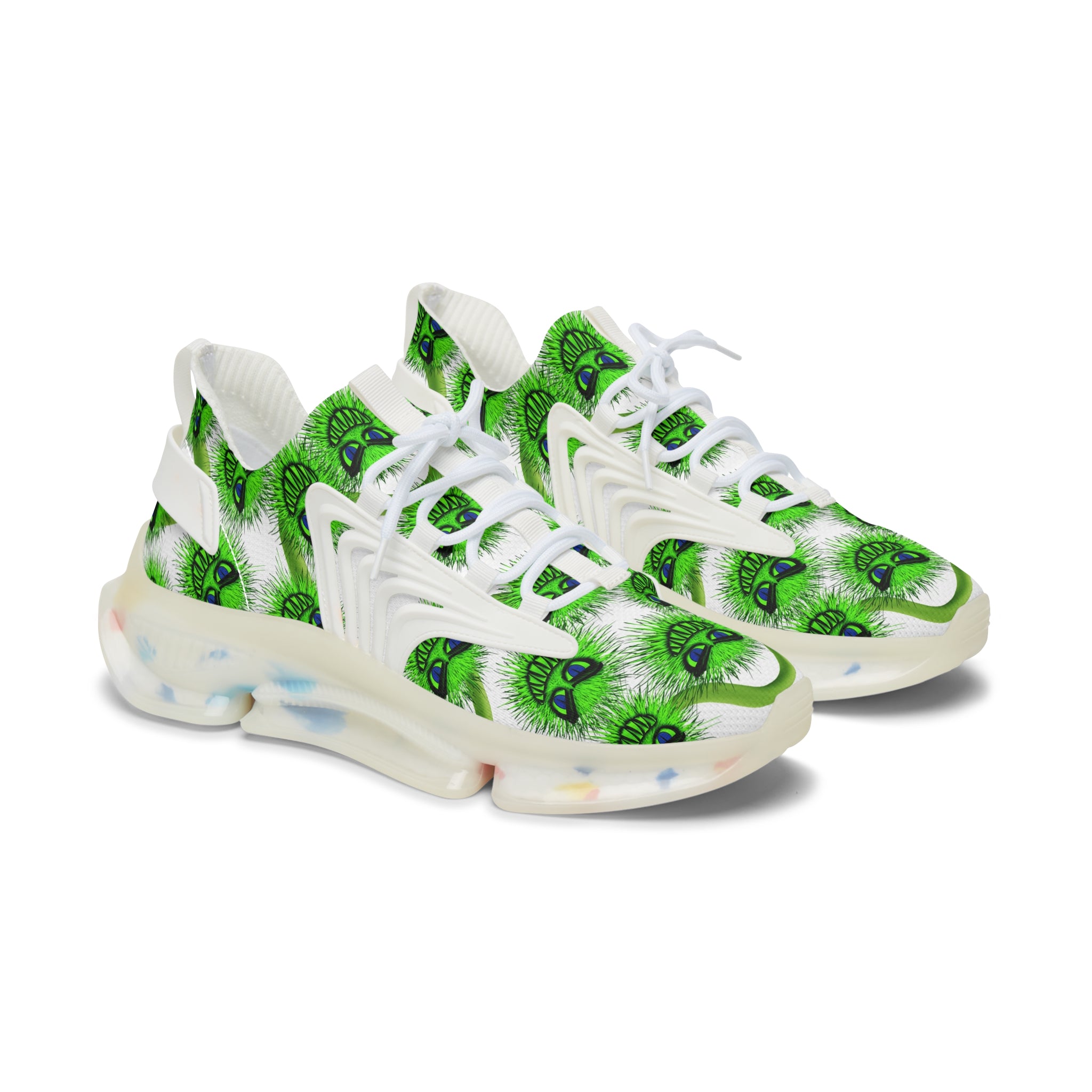 Women's Mesh Sneakers — Green Fuzzy Grin Pattern Athletic Shoes