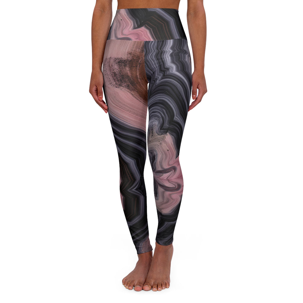 Marble Swirl High-Waist Yoga Leggings — Pink & Charcoal Allover Print
