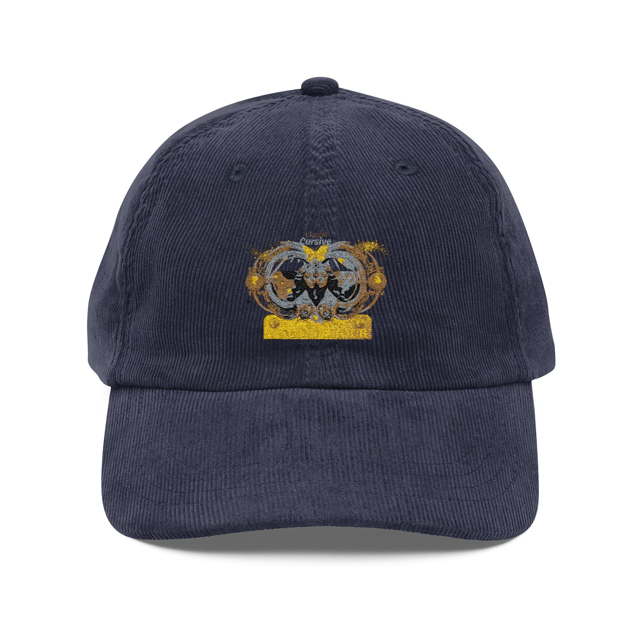 Corduroy Crown Embroidered Cap — Vintage Cord Hat with Gold Crown Patch