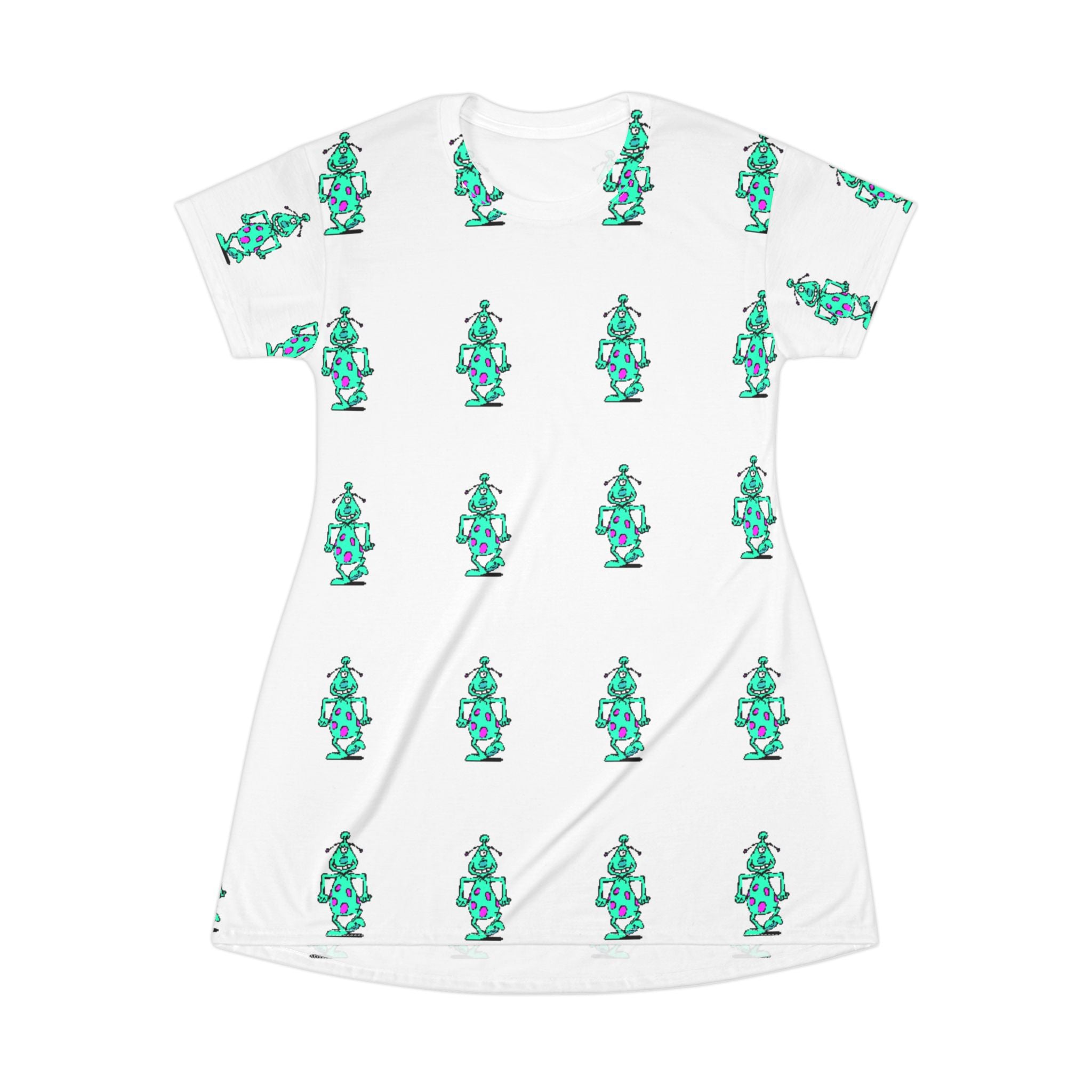Robot Pattern T-Shirt Dress — Retro Teal Bot All-Over Print