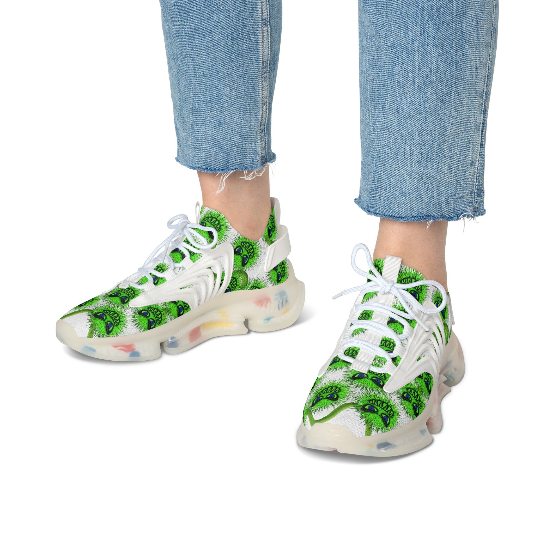 Women's Mesh Sneakers — Green Fuzzy Grin Pattern Athletic Shoes