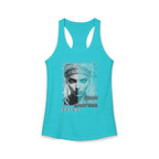 Studio product photography, high-angle shot of a white racerback tank top on a minimalist marble pedestal.