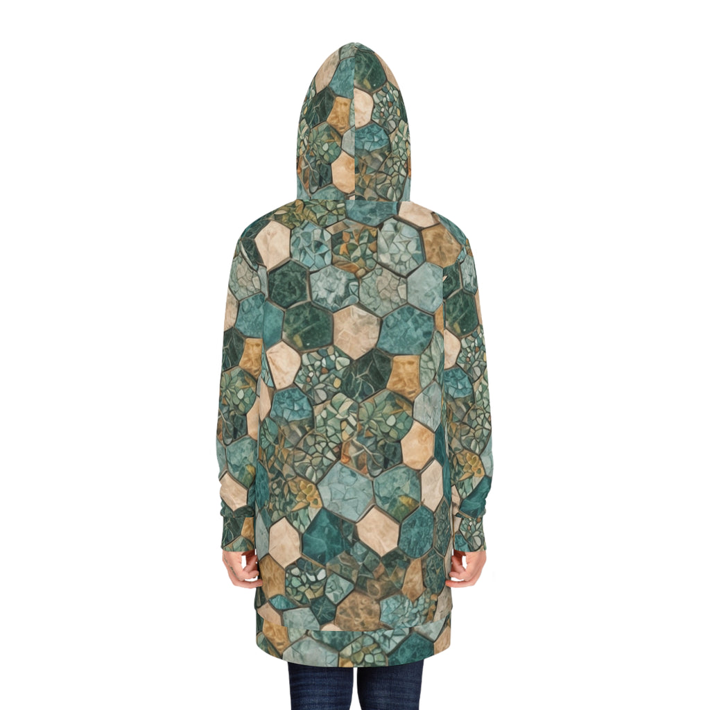 Geometric Teal Hex Tile Hoodie Dress — All-Over Print Cozy Tunic
