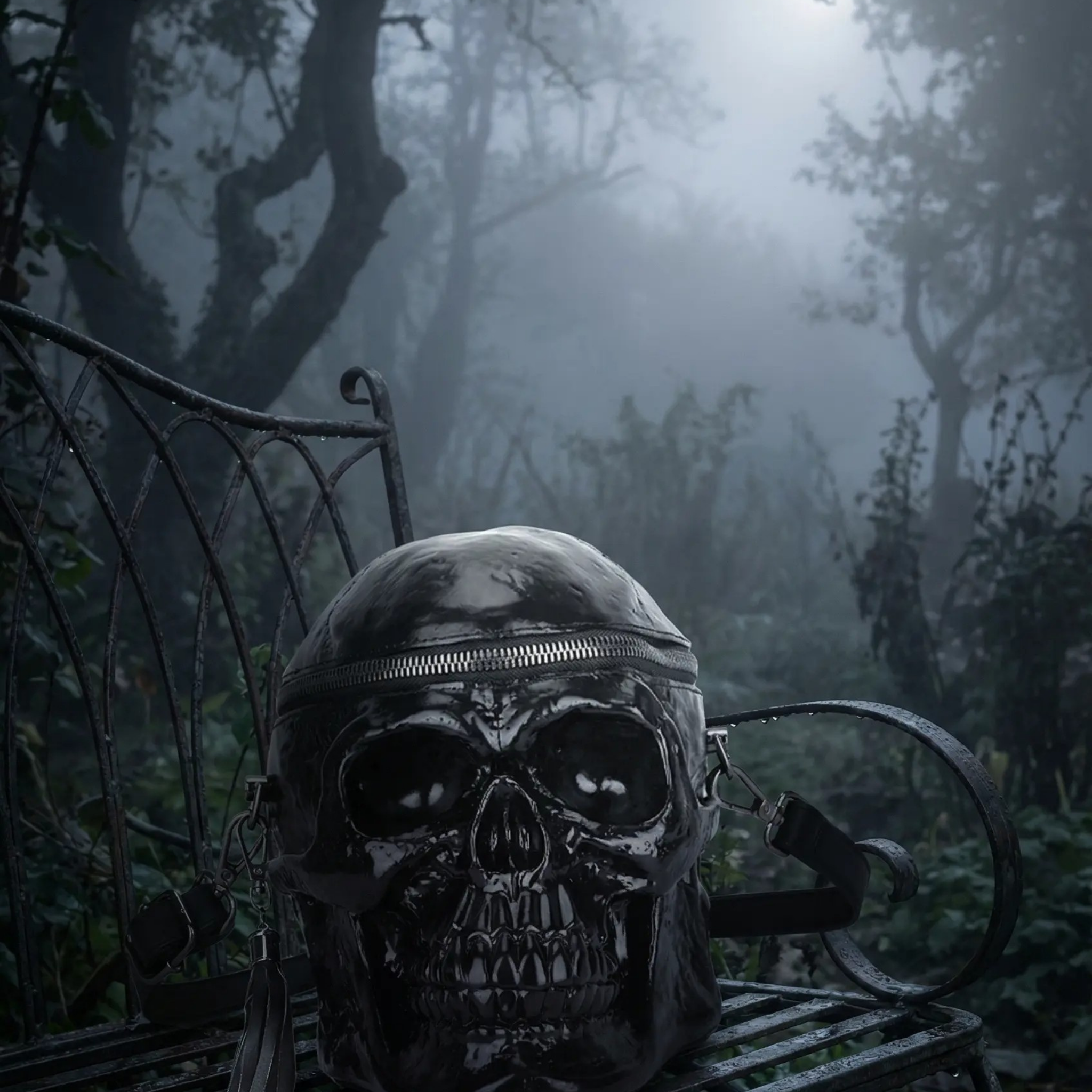 A skull bag shining under neon lights on a rainy street at night.