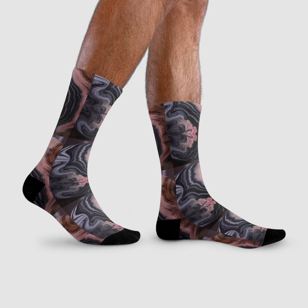 Marbled Agate Crew Socks — Pink & Gray Abstract Sublimation Design