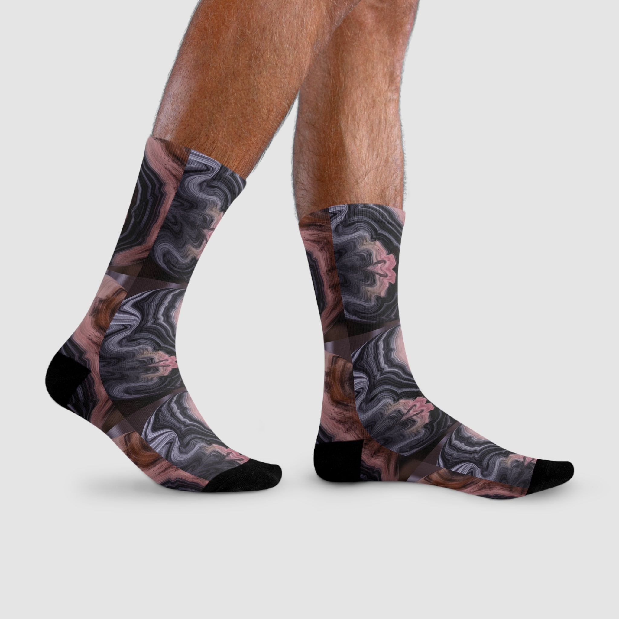 Marbled Agate Crew Socks — Pink & Gray Abstract Sublimation Design
