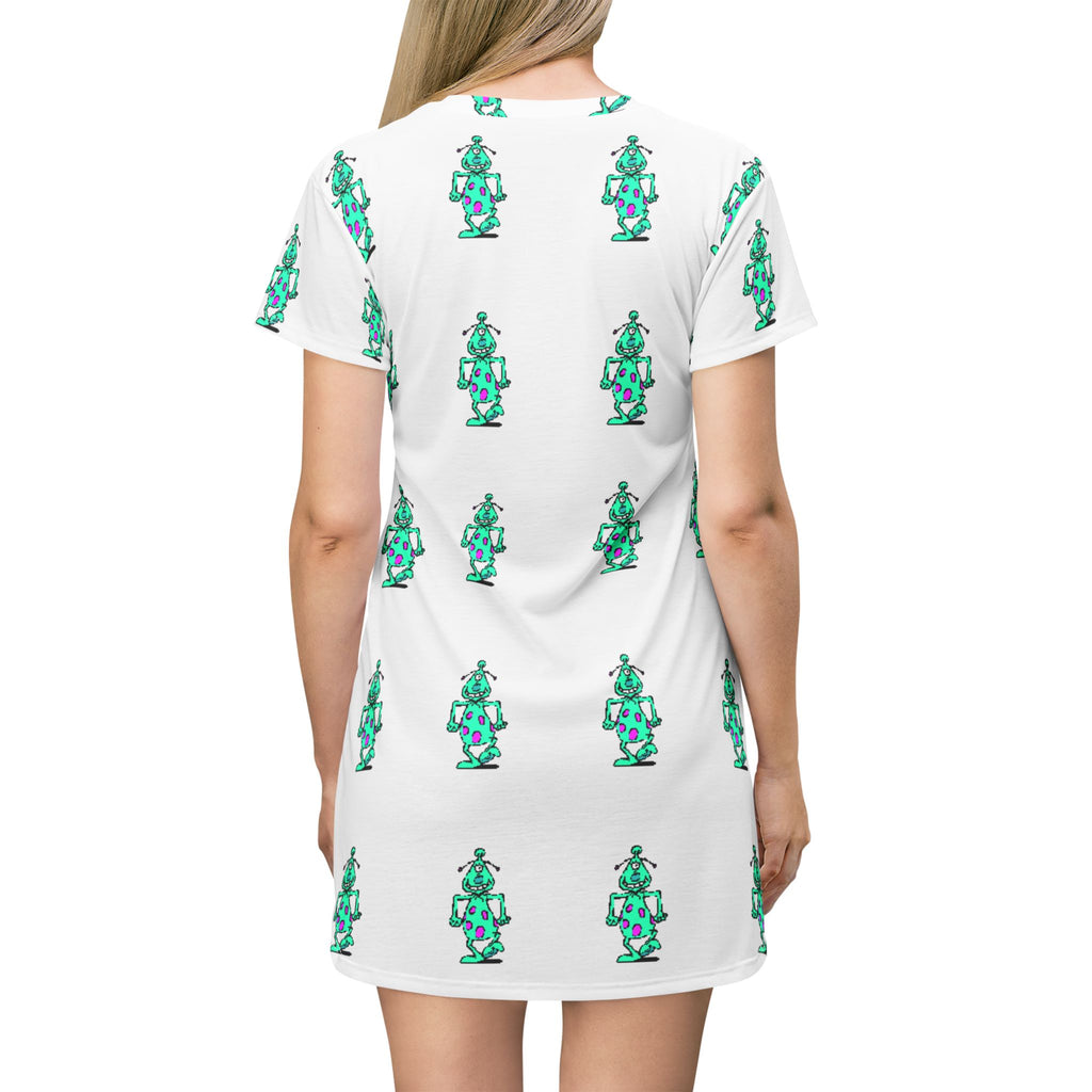 Robot Pattern T-Shirt Dress — Retro Teal Bot All-Over Print