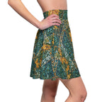 Studio photography of a high-waisted skater skirt with an intricate sunflower mosaic pattern, clean white background, editorial style, dramatic lighting on the fabric texture.