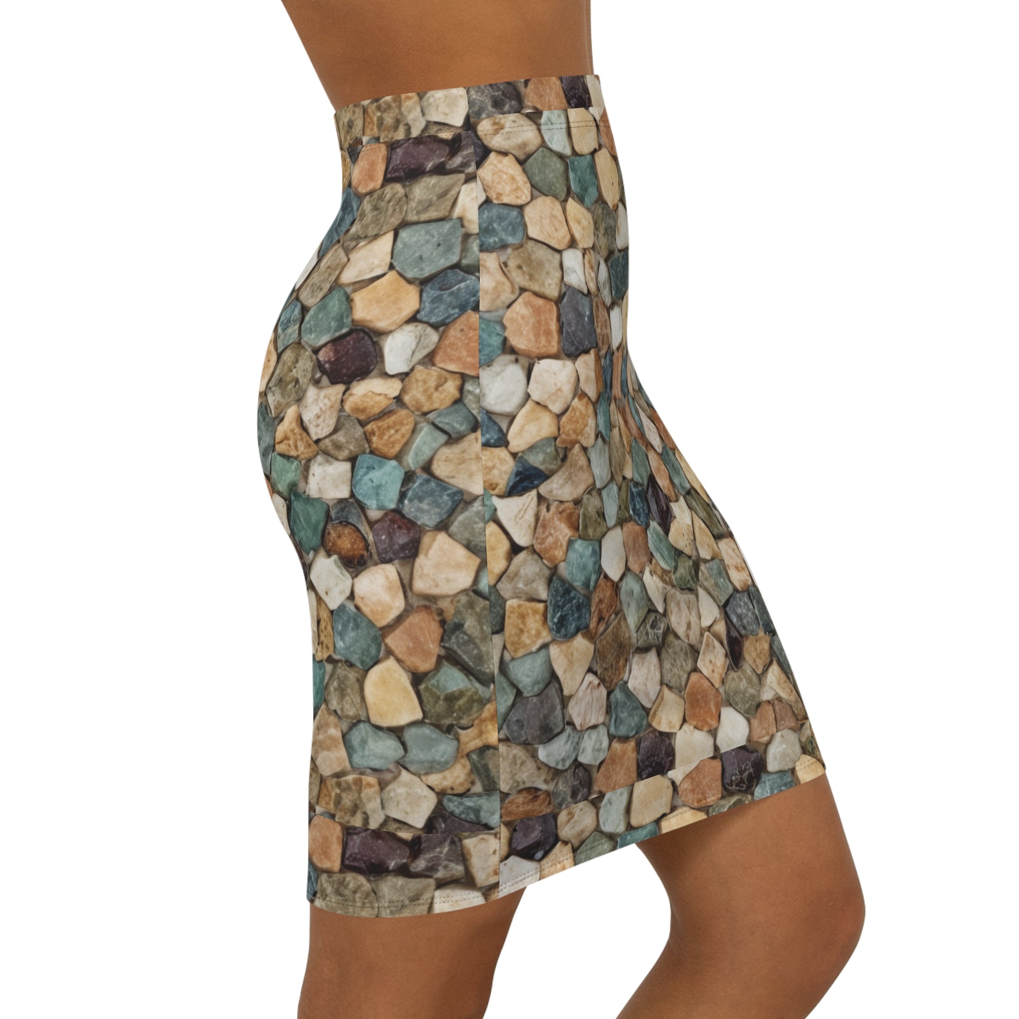 Stone Mosaic Pencil Skirt — Earth Tone Pebble Print Mid-Waist Skirt