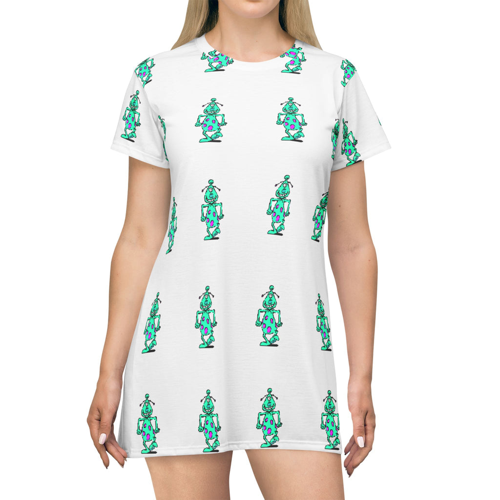 Robot Pattern T-Shirt Dress — Retro Teal Bot All-Over Print