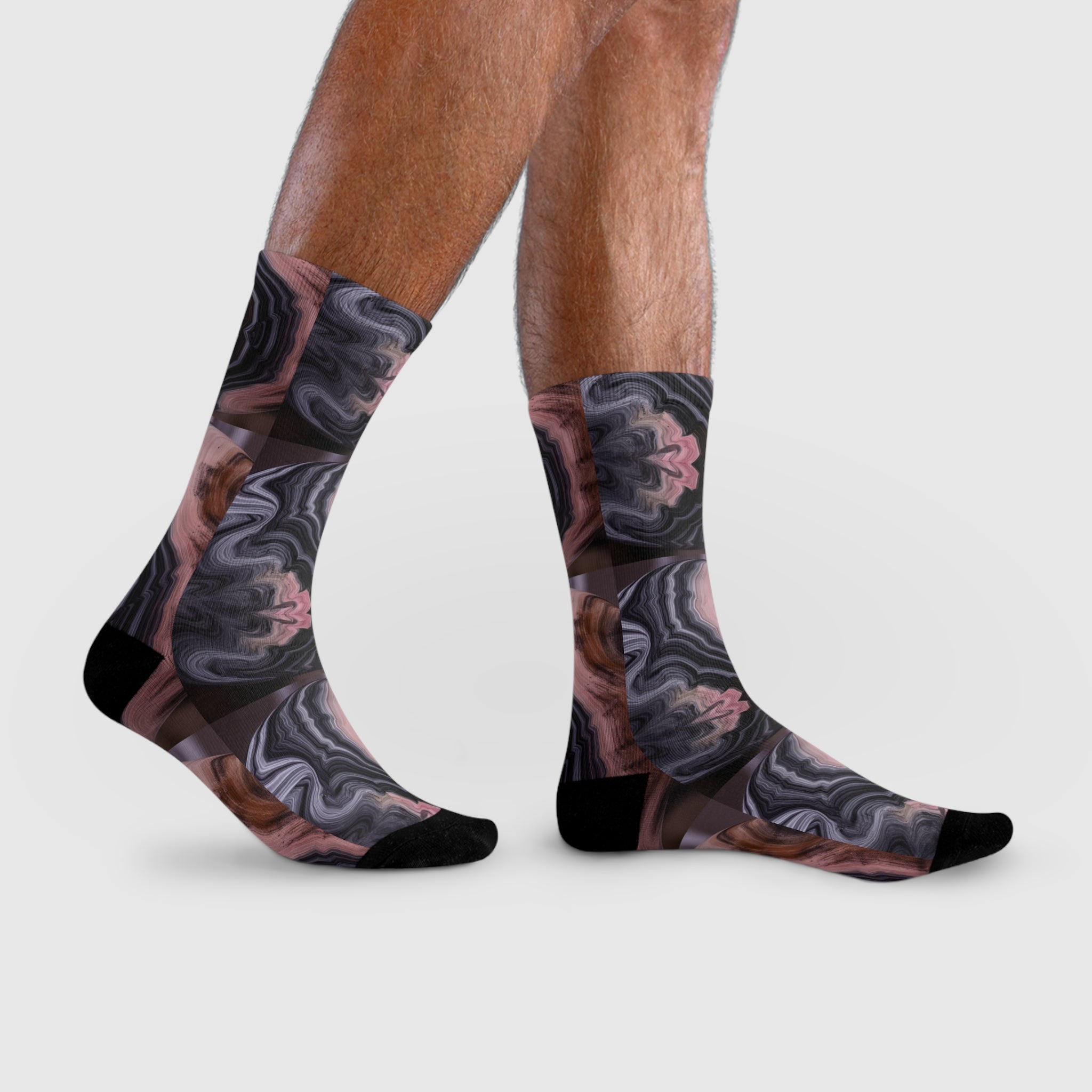 Marbled Agate Crew Socks — Pink & Gray Abstract Sublimation Design