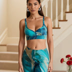 wearing turquoise abstract leggings and a white oversized blazer, cinematic lighting, high fashion aesthetic.