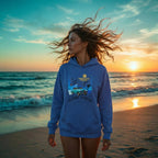 A woman wearing a blue hoodie standing by the ocean at sunset, wind in her hair, cinematic lighting, teal and orange color grading, dreamlike atmosphere.