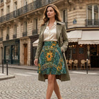 Close up of a spinning skater skirt, showing the movement of the mosaic sunflower pattern, blurred background, sense of motion, elegant and fluid.