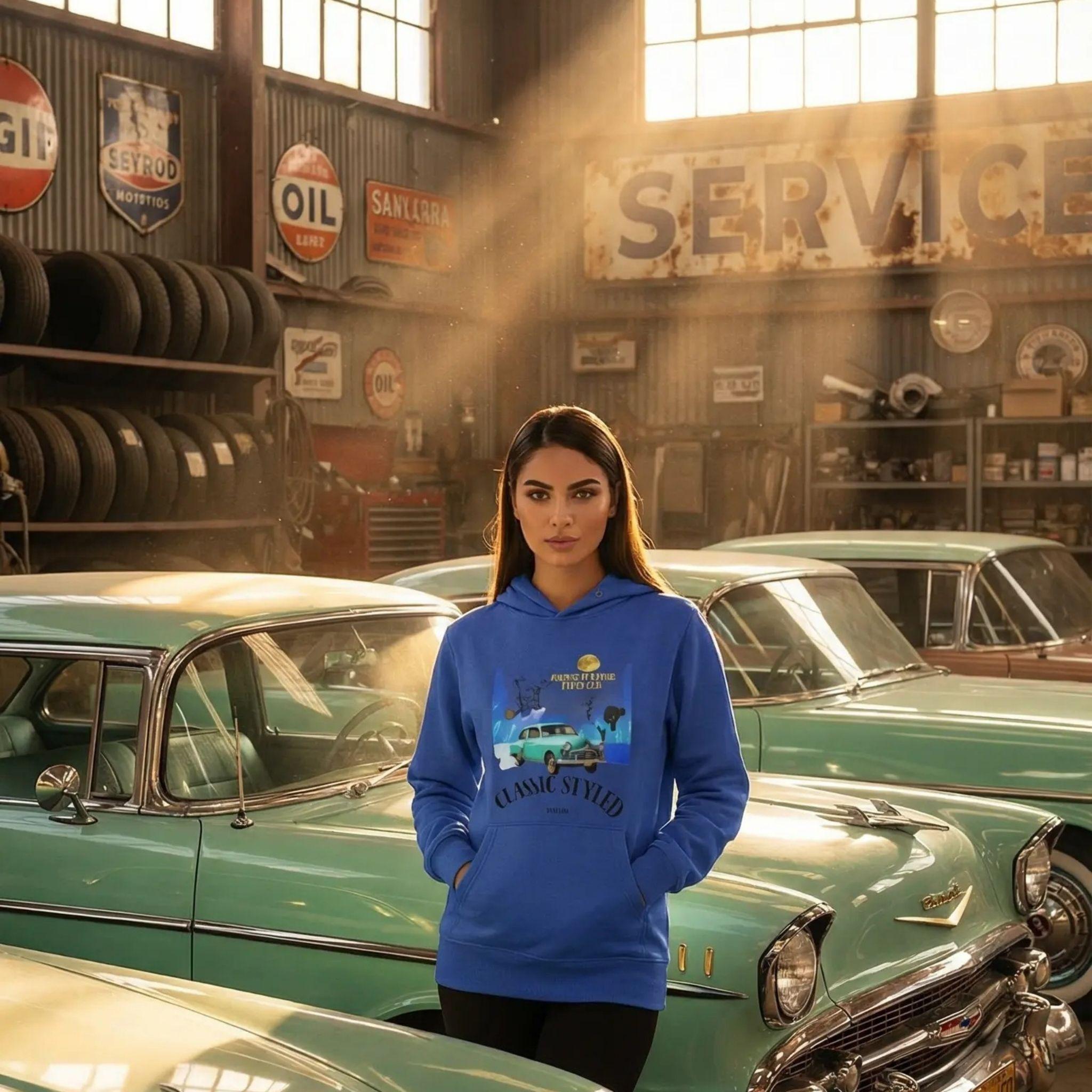Model posing in a blue hoodie next to classic old cars.