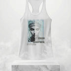 Extreme close-up of the graphic print on the white cotton fabric. Showin