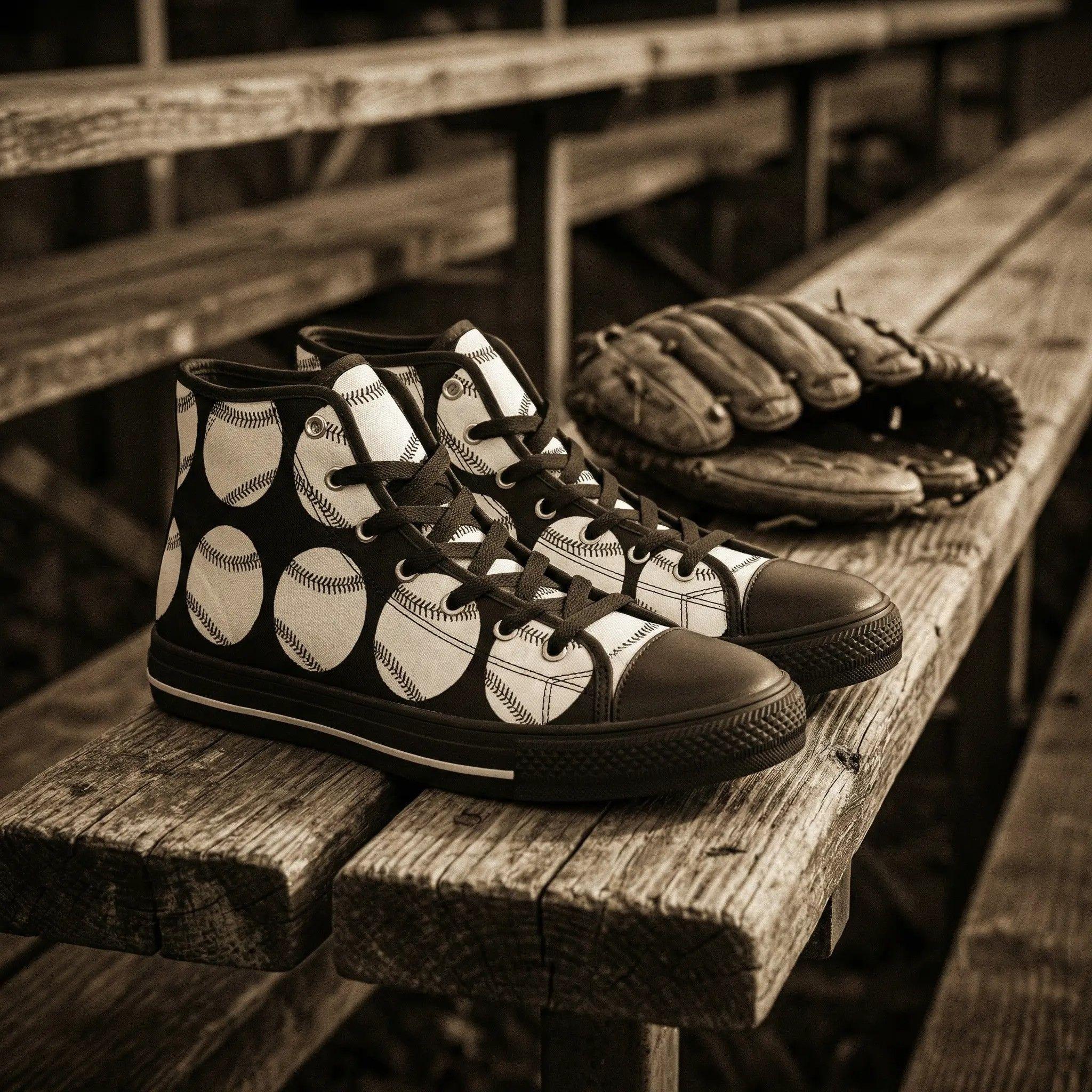 Macro photography of the canvas texture and the baseball stitch print, focus on the white laces and silver eyelets, soft bokeh, premium feel.
