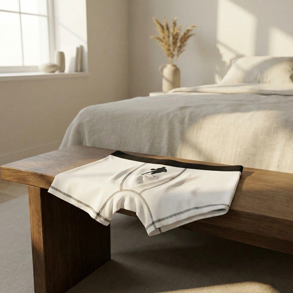 Cinematic lighting, a minimalist high-end bedroom, morning sunlight streaming through a window, the white boxer shorts with a black waistband neatly folded on a dark oak bench, soft shadows, 8k resolution, boutique atmosphere.