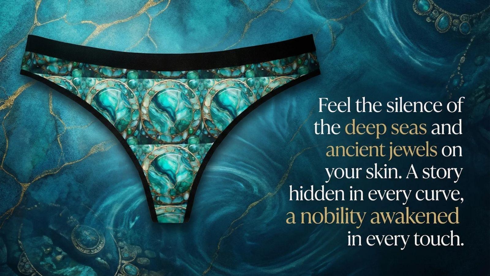 Cinematic boudoir photography, a premium emerald patterned thong on dark silk sheets, moody dim lighting, emerald and teal highlights, 8k resolution, elegant atmosphere.