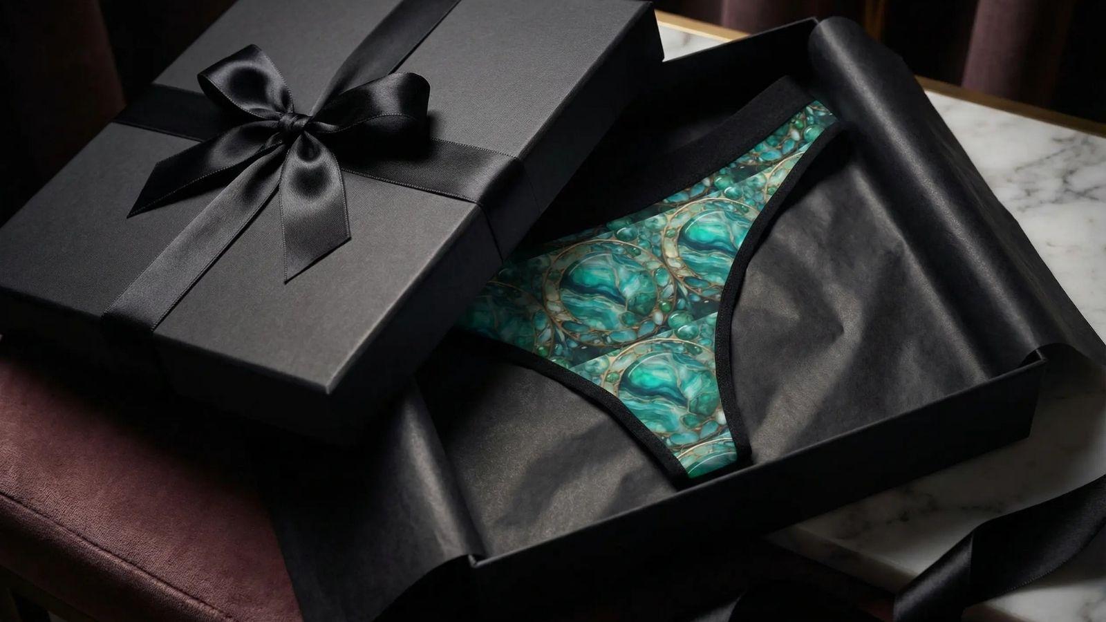 Luxury gift packaging, a black matte box half open, emerald patterned thong inside wrapped in black tissue paper, elegant ribbon, cinematic lighting.