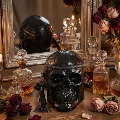 Skull bag reflected in a mirror on an old dressing table.