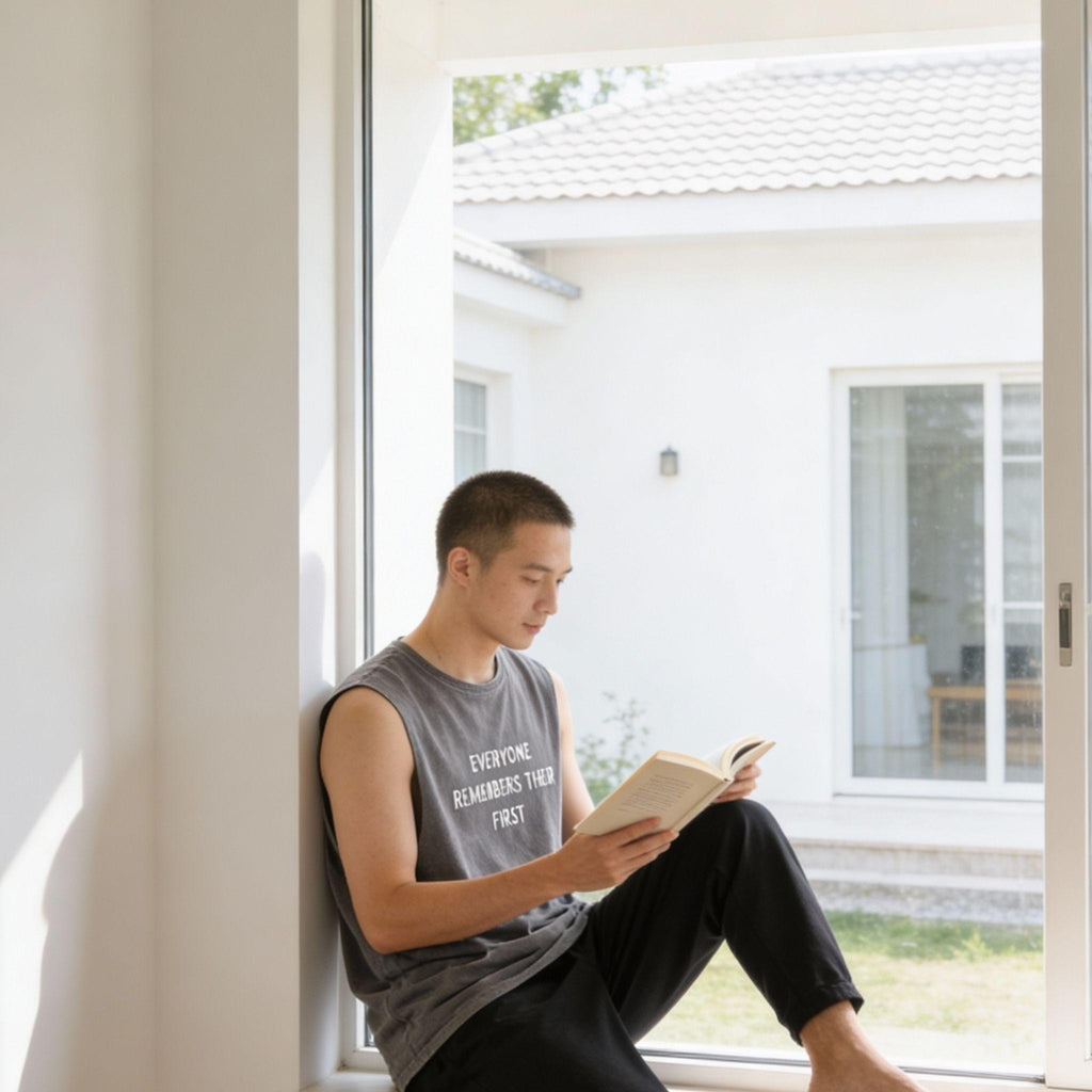 Black and white portrait of a man wearing a muscle tank top, dramatic chiaroscuro lighting, emphasizing the raw edges and washed texture of the garment.