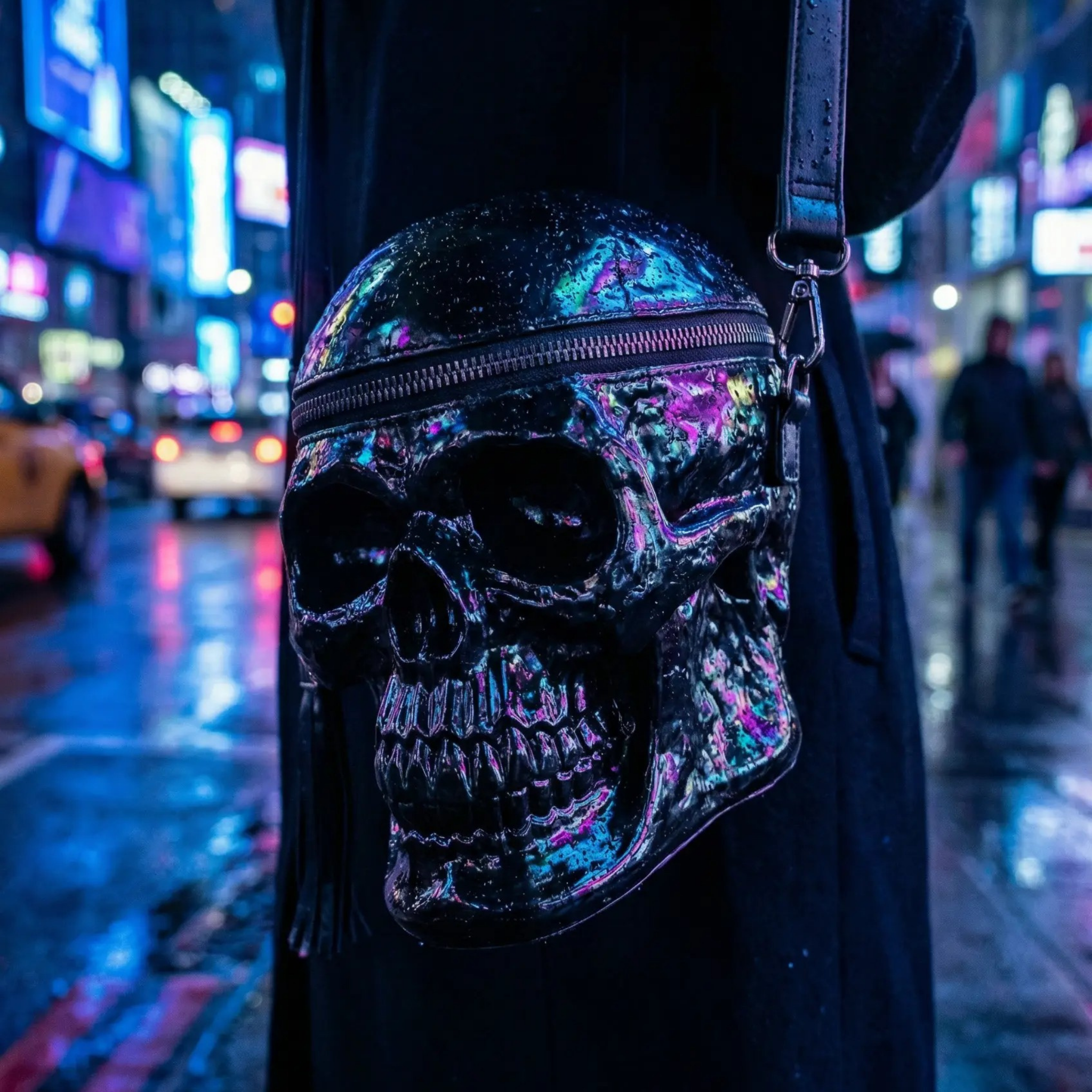 A skull bag shining under neon lights on a rainy street at night.