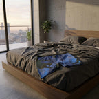 A high-end minimalist bedroom at dawn, soft cinematic morning light hitting a pair of premium boxer briefs with a soccer print, lying on rumpled charcoal gray linen sheets, 8k resolution, photorealistic.
