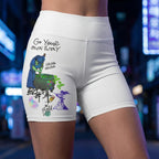 A combination of white shorts with graphic prints under city lights.
A cinematic shot of a woman walking at night under neon lights, wearing white graphic shorts.