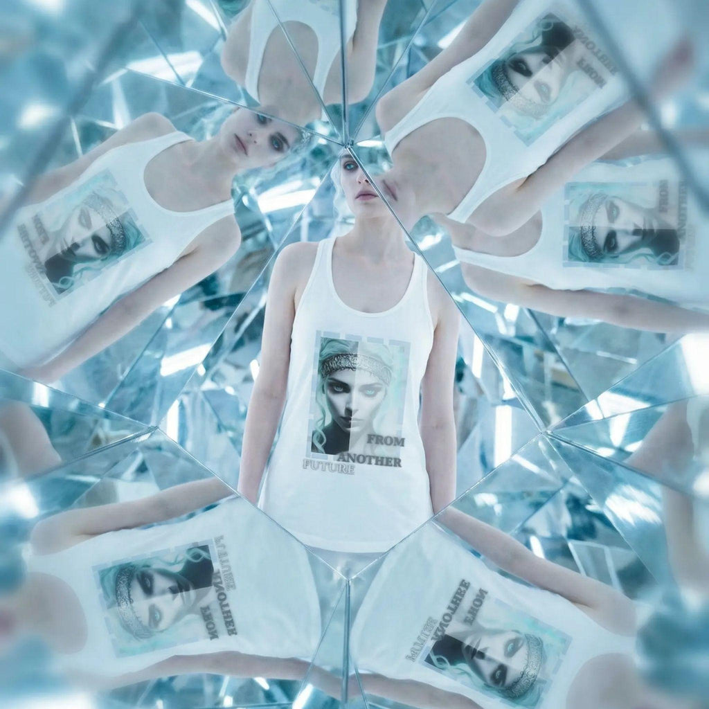 Artistic photography of a model in a room of mirrors, reflecting the 'From Another Future' graphic multiple times. Ethereal, dreamlike atmosphere, soft focus on the edges, icy blue color palette.