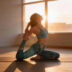 Woman doing yoga in quartz-patterned leggings under the first rays of the sun.