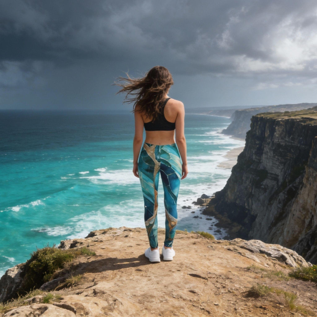 Dramatic coastal landscape, woman standing on a cliff overlooking the turquoise ocean, wearing matching marble leggings, wind blowing through hair, cinematic wide shot.