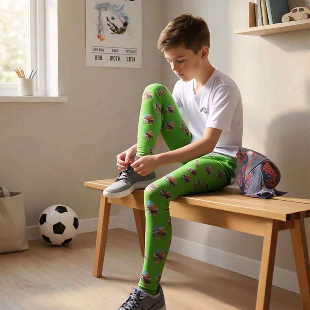 Kids Leggings — Green All-Over Print Cartoon Globe Pattern