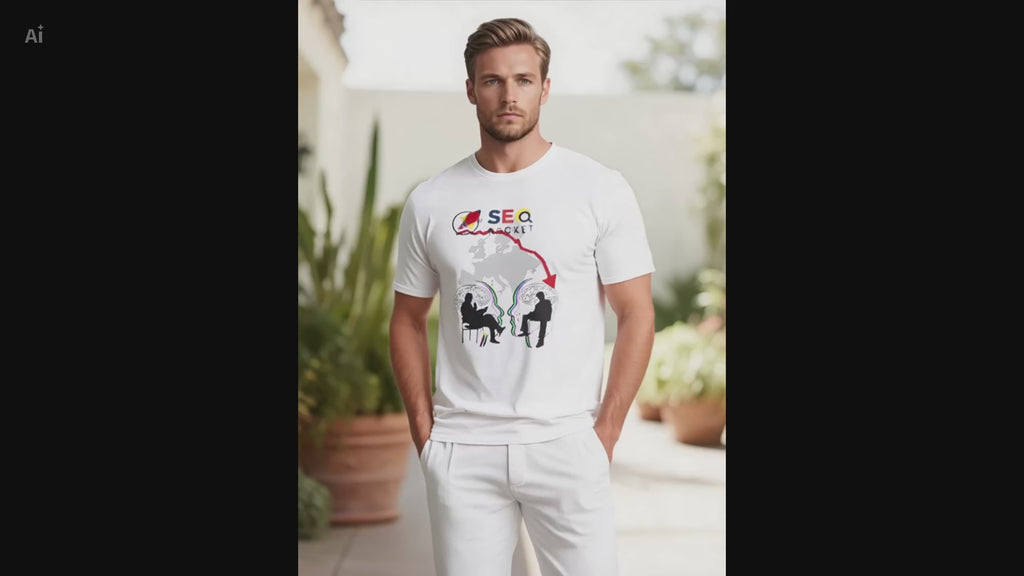 A white t-shirt hanging on a minimalist rack in a dark room, a single spotlight illuminating the 'SEO Rocket' graphic, smoke in the air, mysterious and cinematic lighting.